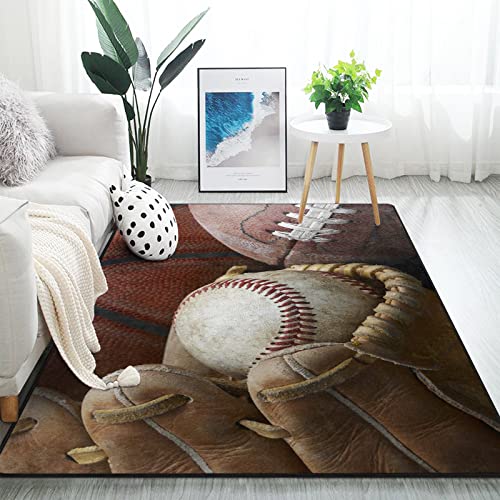 Sports-themed rug featuring baseball and gloves in a bright living room with modern decor.